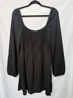 Black Long-Sleeve Smocked-Waist Square-Neck Dress